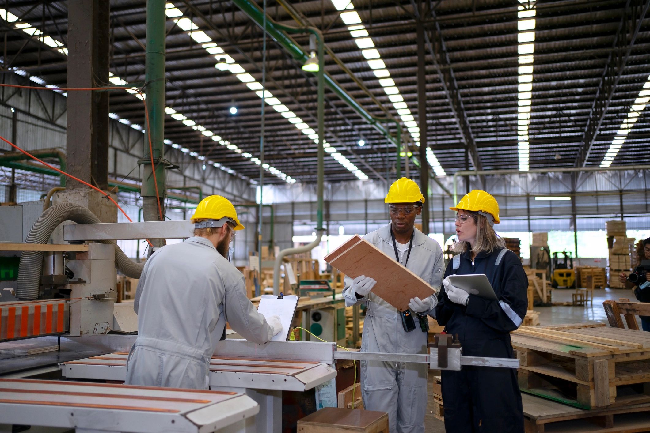 Blue collar workers collaborating in a factory
